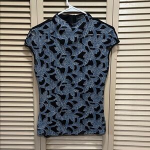 Calvin Klein Black and Blue Floral Lace Blouse